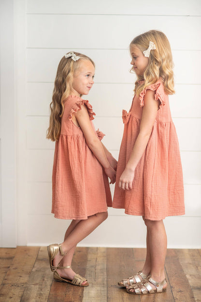 Terracotta Ruffle Sleeve Button Bow Dress