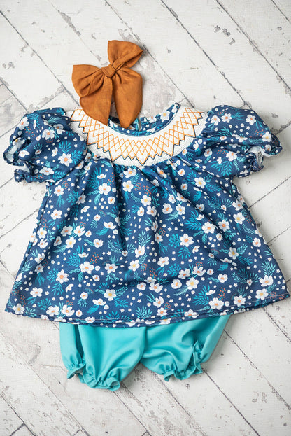 Smocked Navy Teal Floral Bloomer Set