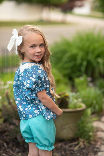 Smocked Navy Teal Floral Bloomer Set