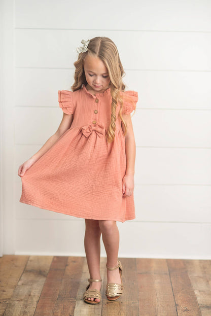 Terracotta Ruffle Sleeve Button Bow Dress