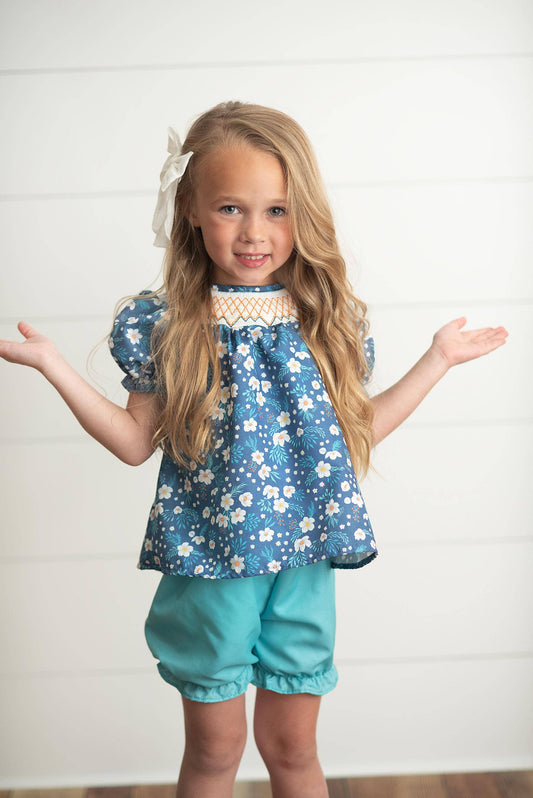 Smocked Navy Teal Floral Bloomer Set