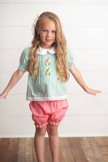 Sage & Pink Lace Collar Embroidered Spring Bloomer Set