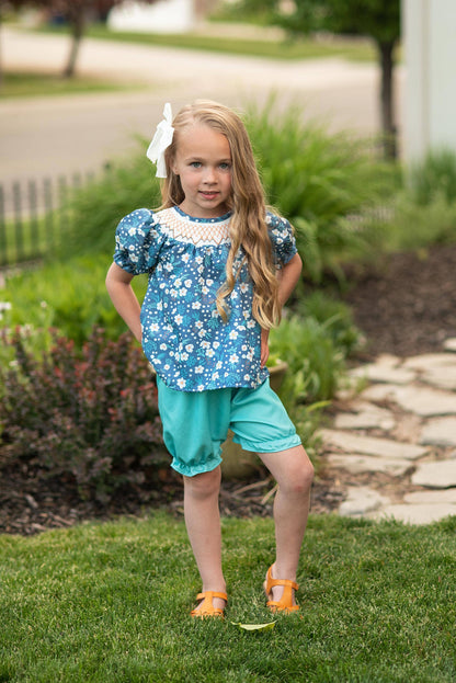 Smocked Navy Teal Floral Bloomer Set