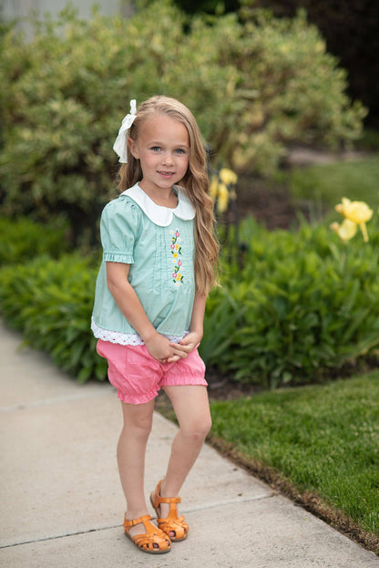 Sage & Pink Lace Collar Embroidered Spring Bloomer Set