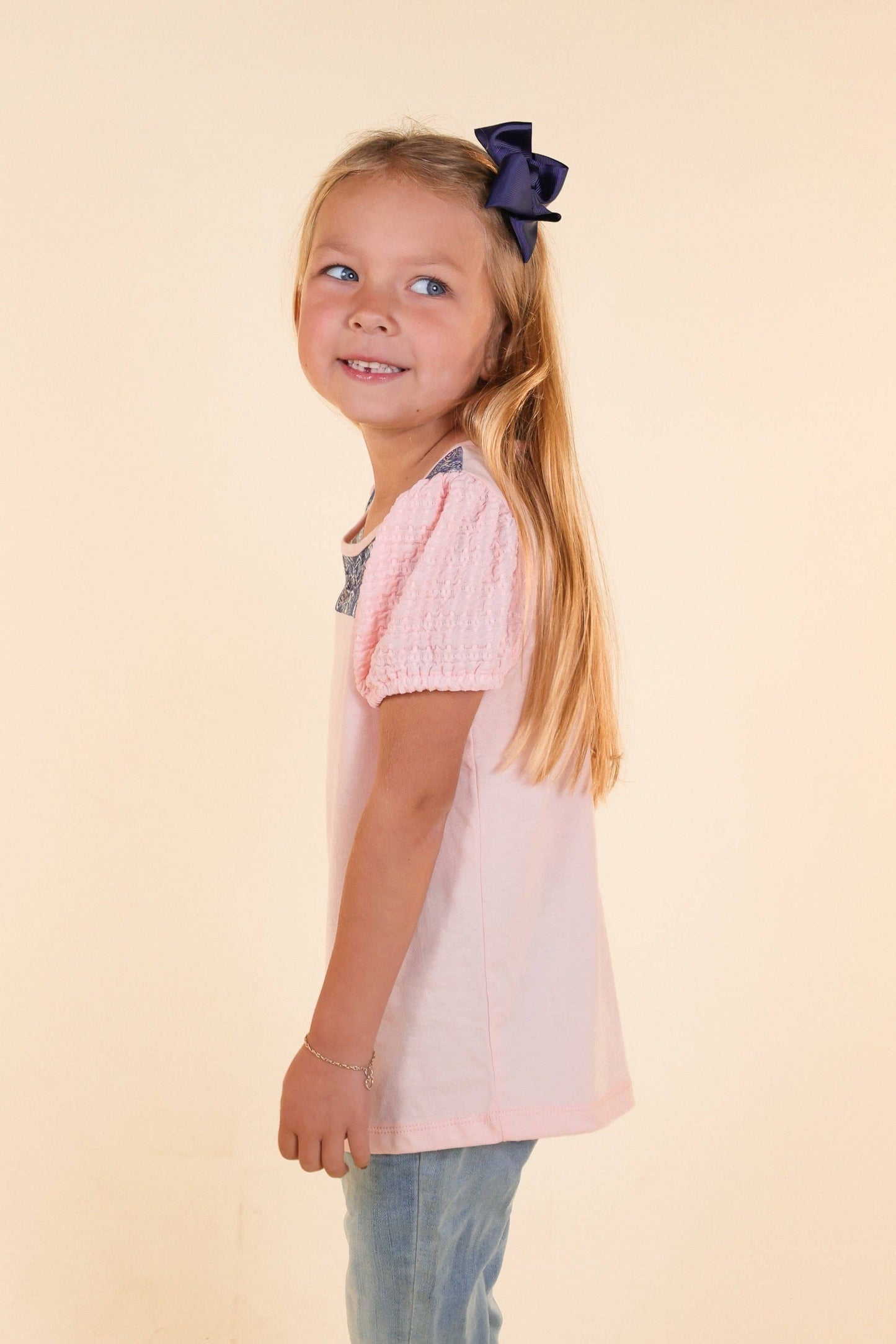 Girls Pink Top With Floral Lace and Puff Sleeve