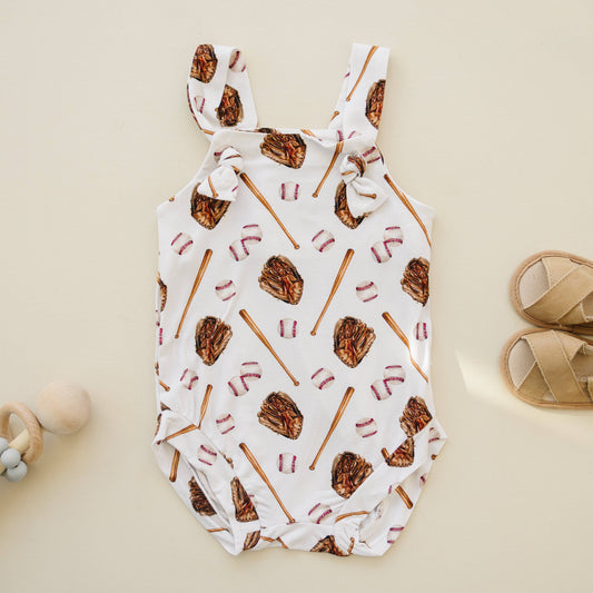 Baseball Print Bamboo Knotted Shortalls