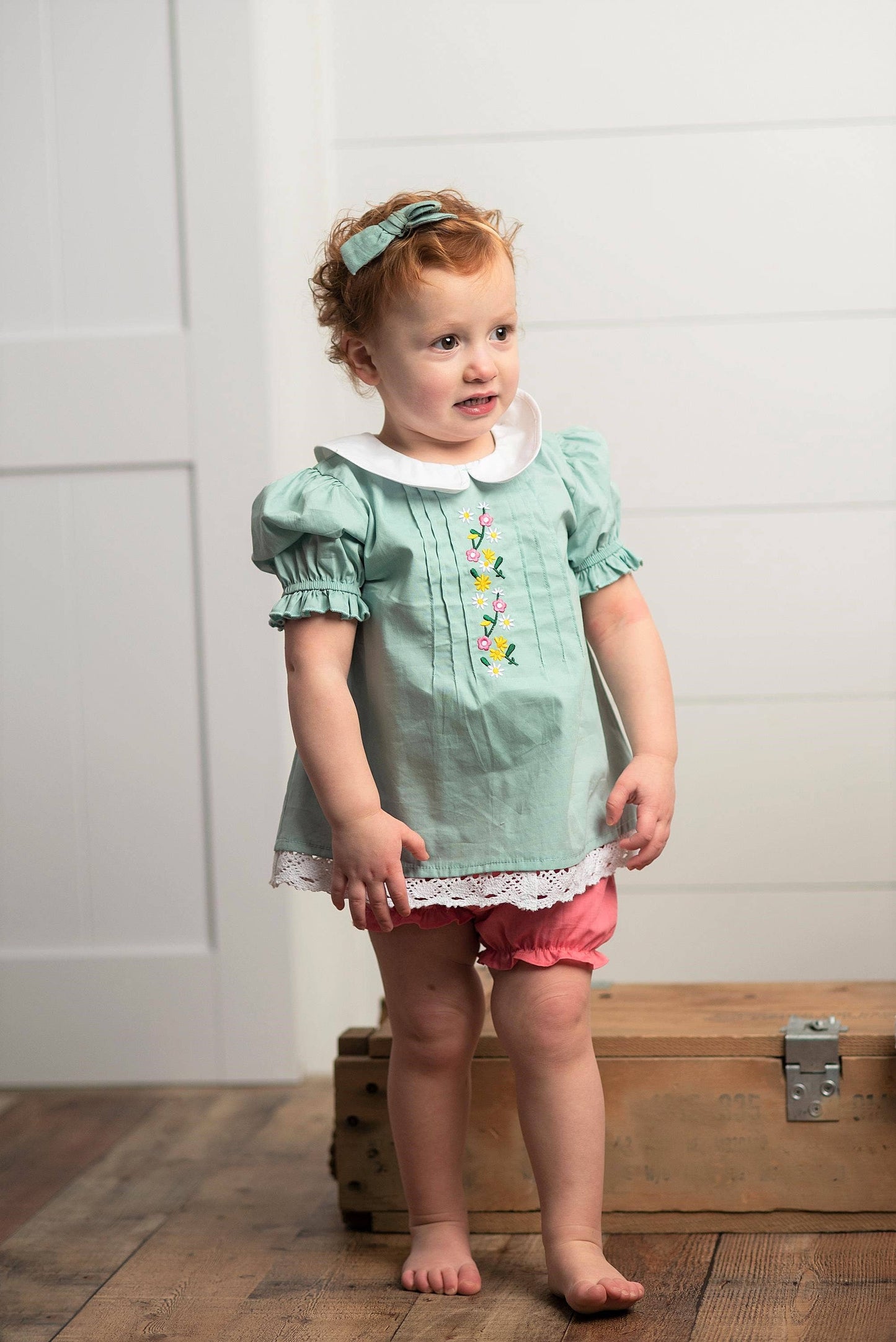 Sage & Pink Lace Collar Embroidered Spring Bloomer Set