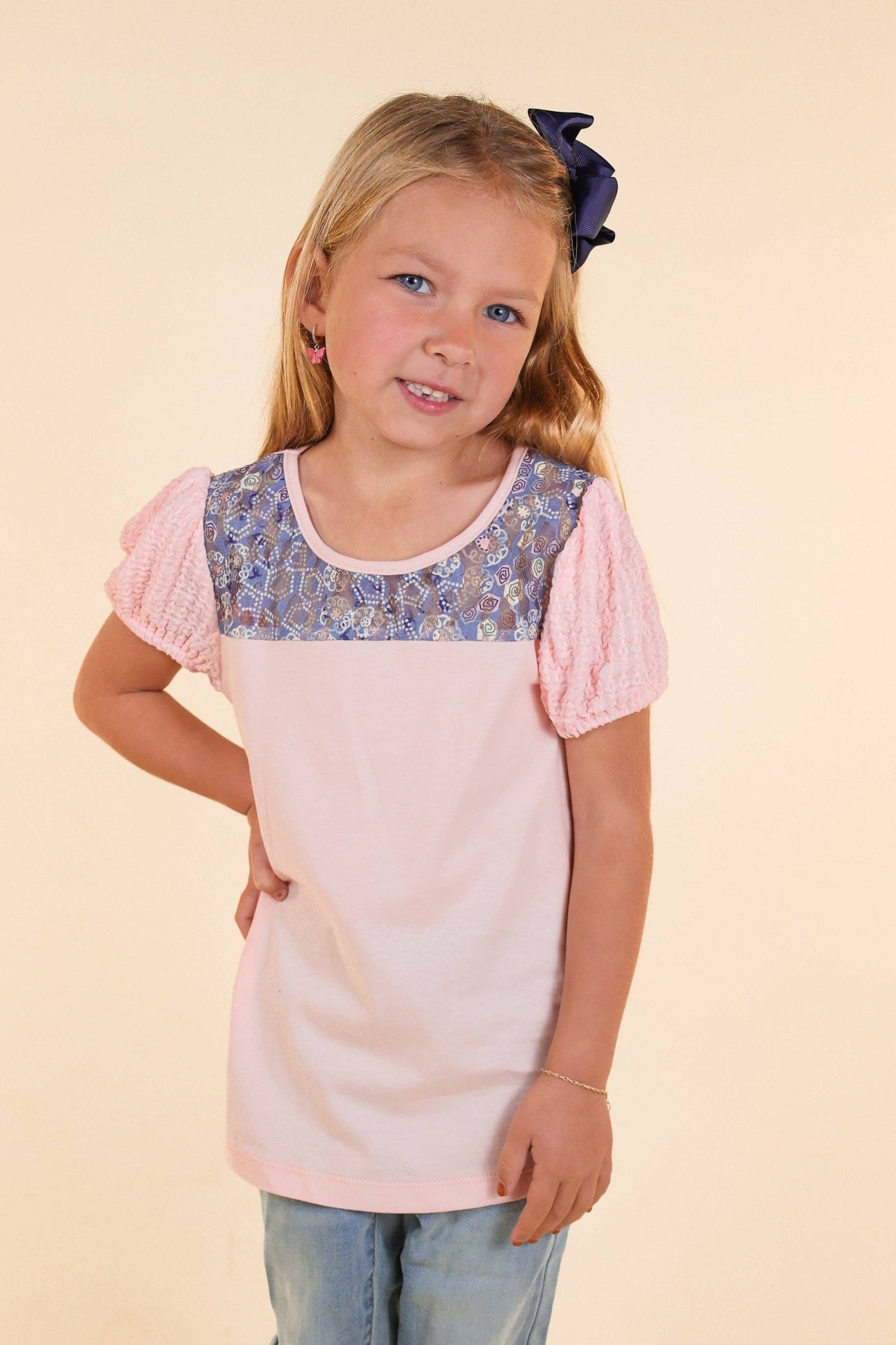 Girls Pink Top With Floral Lace and Puff Sleeve