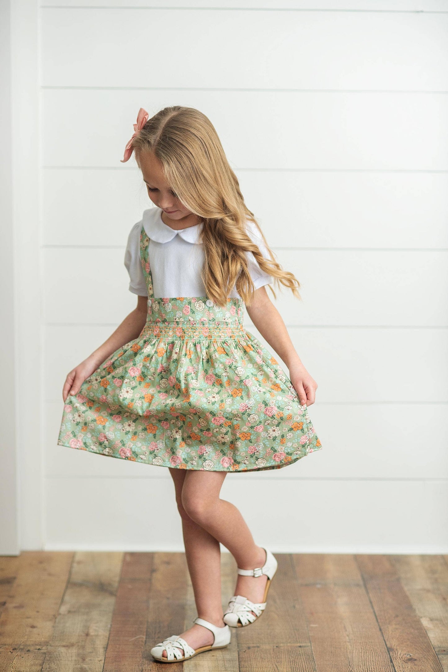 Sage & White Floral Suspender Skirt Set