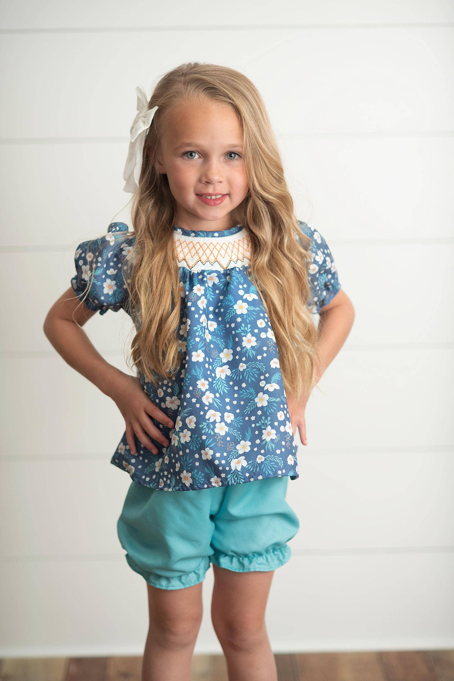 Smocked Navy Teal Floral Bloomer Set