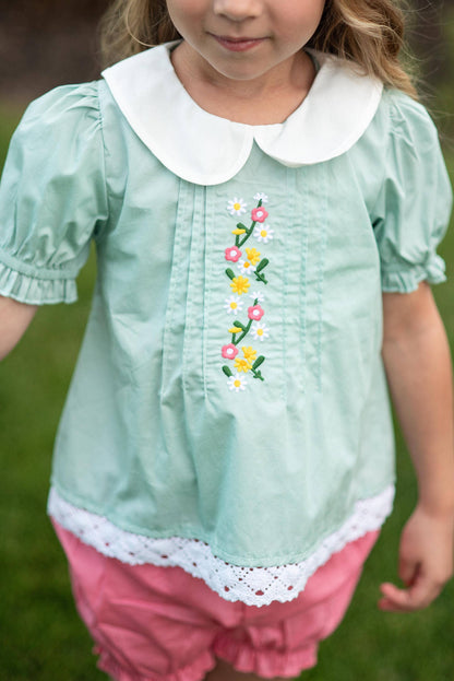 Sage & Pink Lace Collar Embroidered Spring Bloomer Set