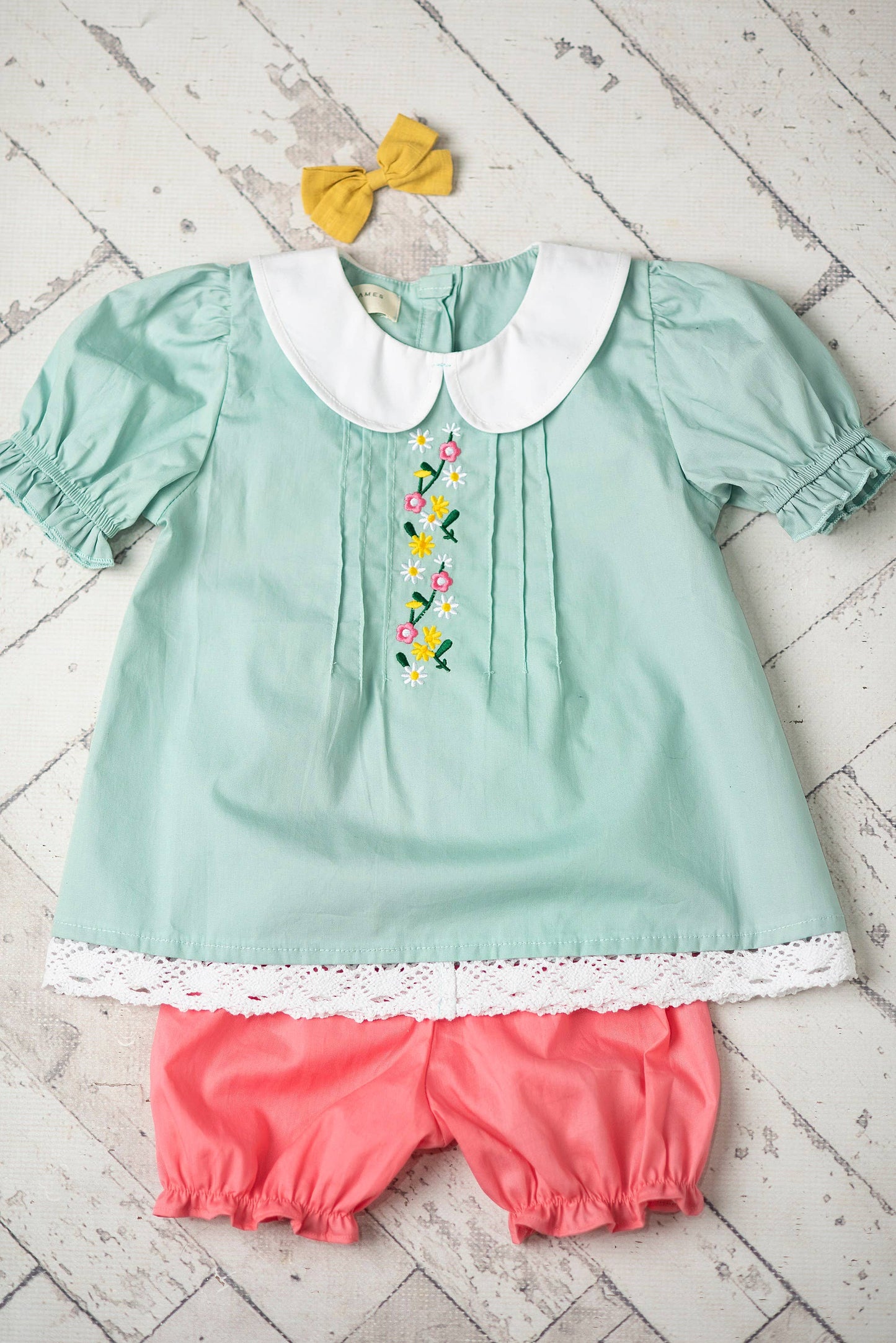 Sage & Pink Lace Collar Embroidered Spring Bloomer Set