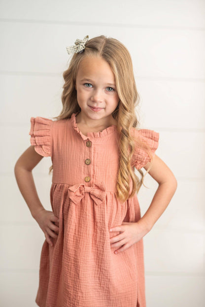 Terracotta Ruffle Sleeve Button Bow Dress