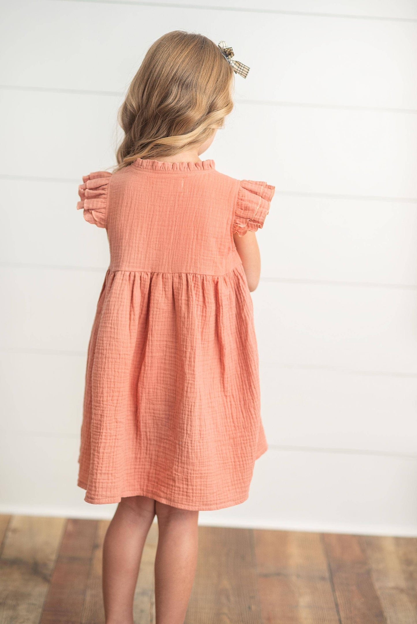 Terracotta Ruffle Sleeve Button Bow Dress