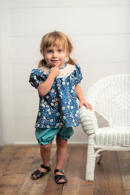 Smocked Navy Teal Floral Bloomer Set