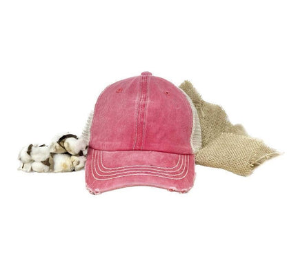 Girls Coral Distressed Hat with Tan Mesh