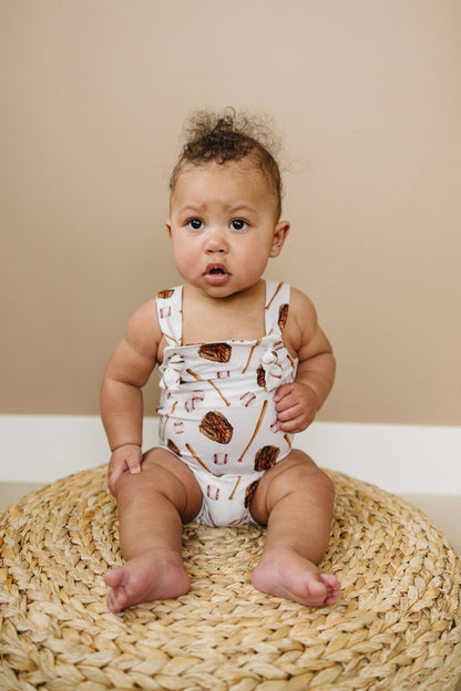 Baseball Print Bamboo Knotted Shortalls