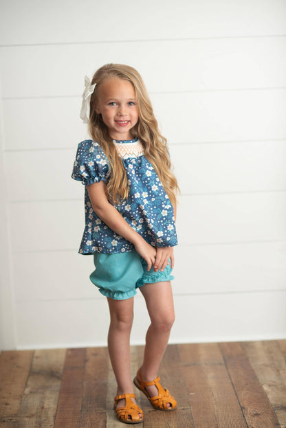 Smocked Navy Teal Floral Bloomer Set