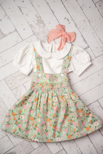 Sage & White Floral Suspender Skirt Set