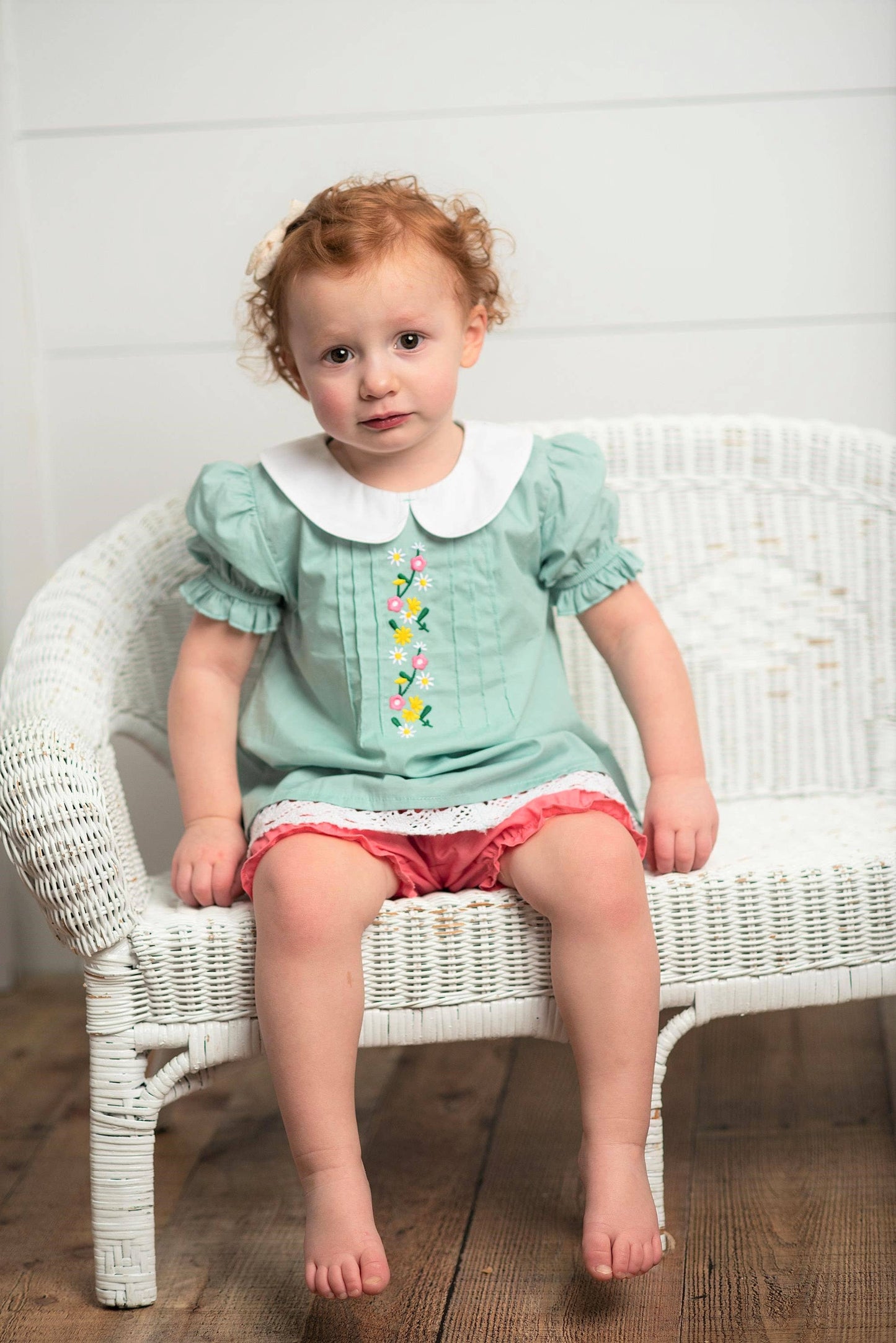 Sage & Pink Lace Collar Embroidered Spring Bloomer Set