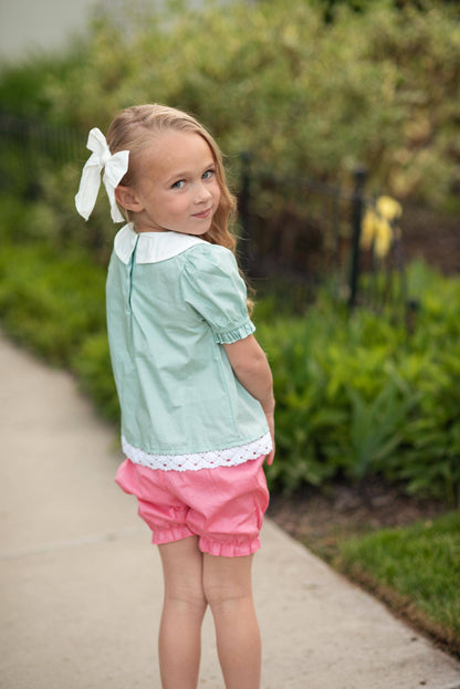 Sage & Pink Lace Collar Embroidered Spring Bloomer Set