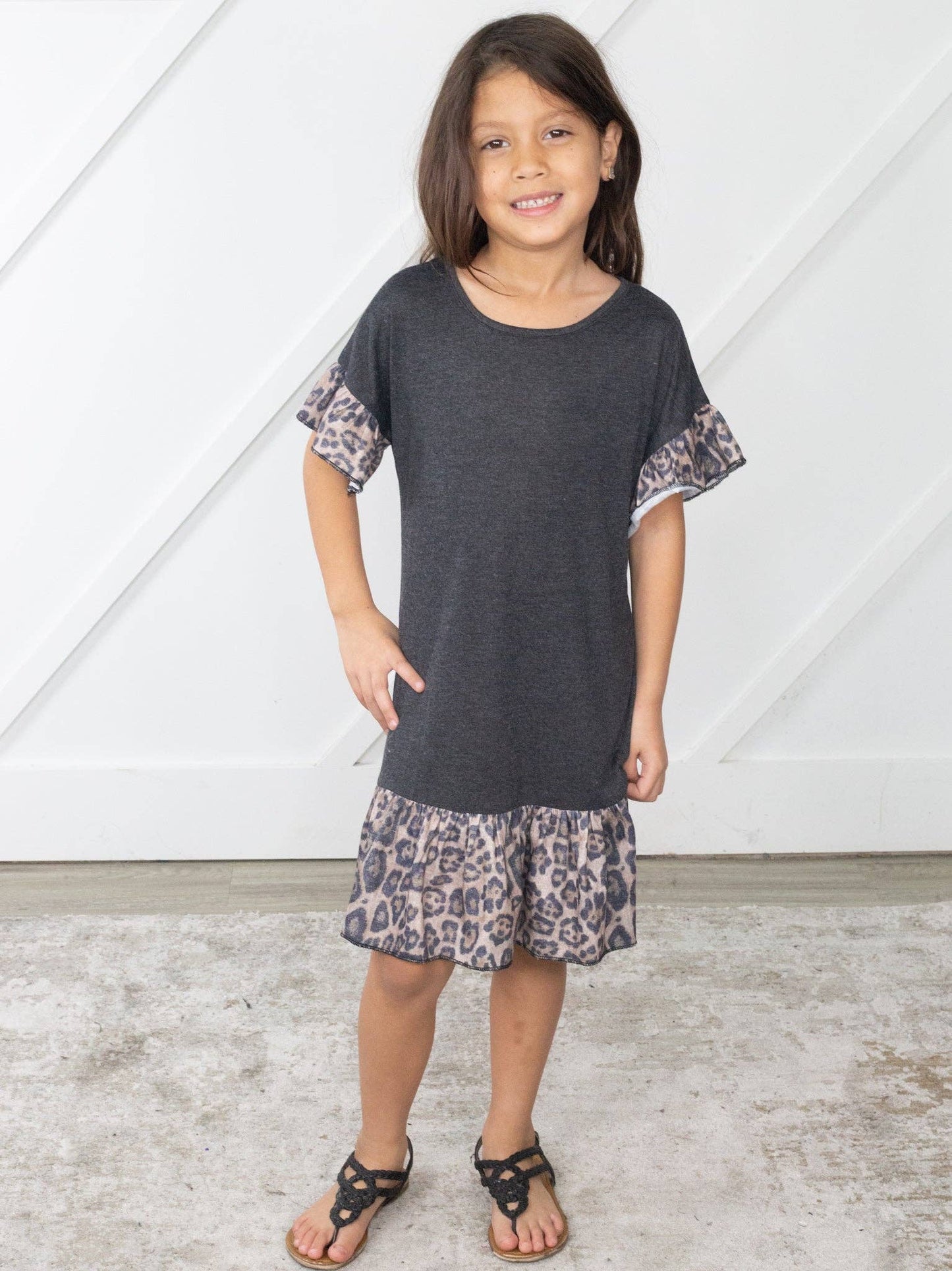 Girls Sugar Sweet Heather Grey Leopard Ruffle Hem Dress